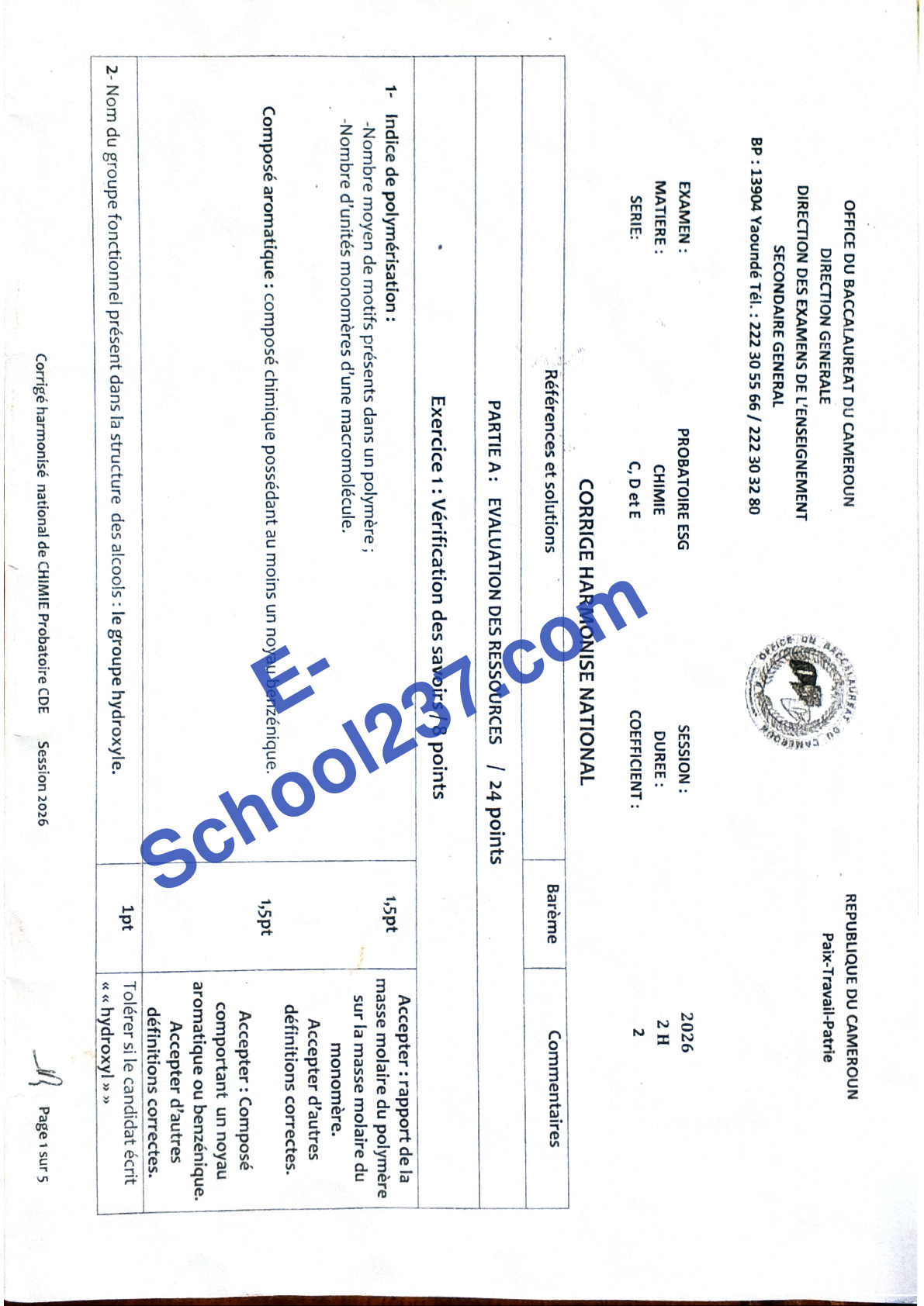 Corrigé national harmonisé Chimie Prob C D 2026
